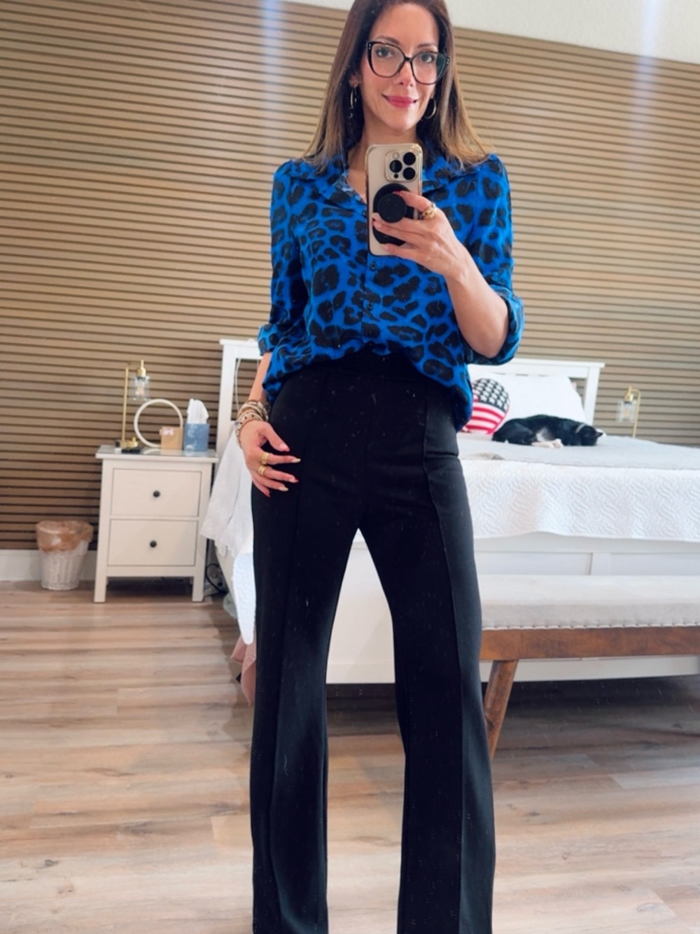 SHEIN Blue and Black Leopard Print Long Sleeve Blouse